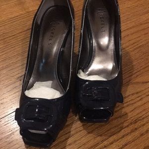 Nickels deep navy patent buckle heels